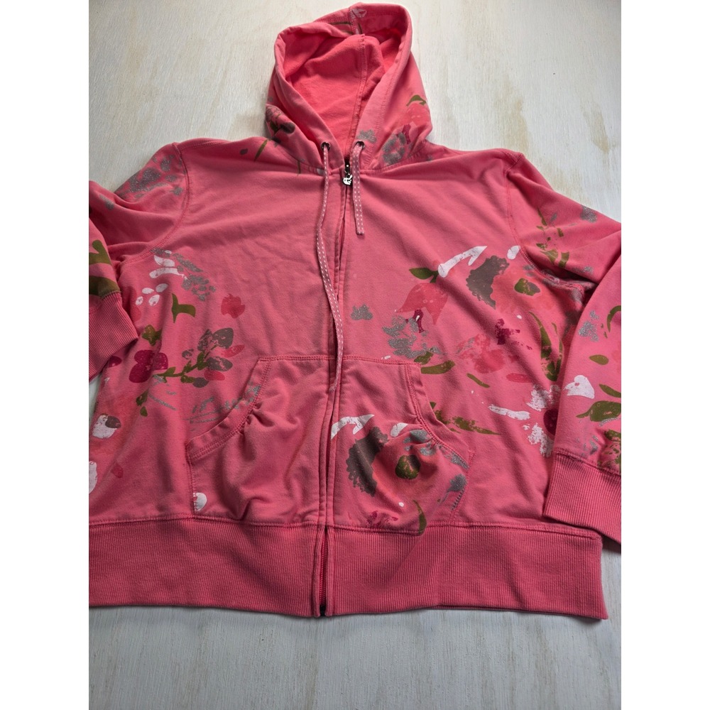 Three Hearts Pink Floral Glitter Zip Up Hoodie Girls XL Y2K Cottagecore Hoodie